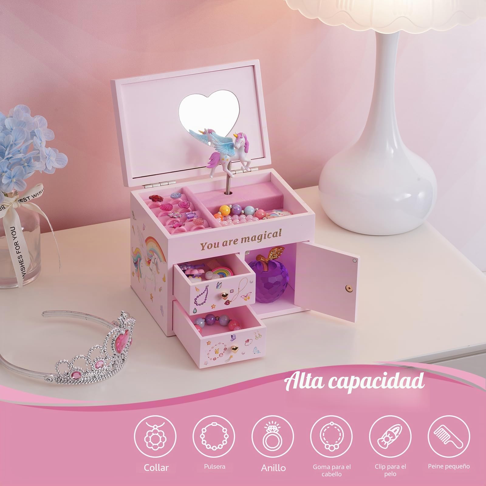 Lolalet Joyero de Madera para Niñas, Organizador de Joyería con Unicornio, Caja para Collar, Pendientes, Pulsera, Reloj, Pintalabios y Anillo - Rosa