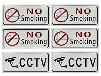 Store2508 Pack of 6 Brushed Aluminium Metal Self Adhesive Sign Sticker, No Smoking, CCTV Warning Sign, for Wall, Doors, Offices, Malls