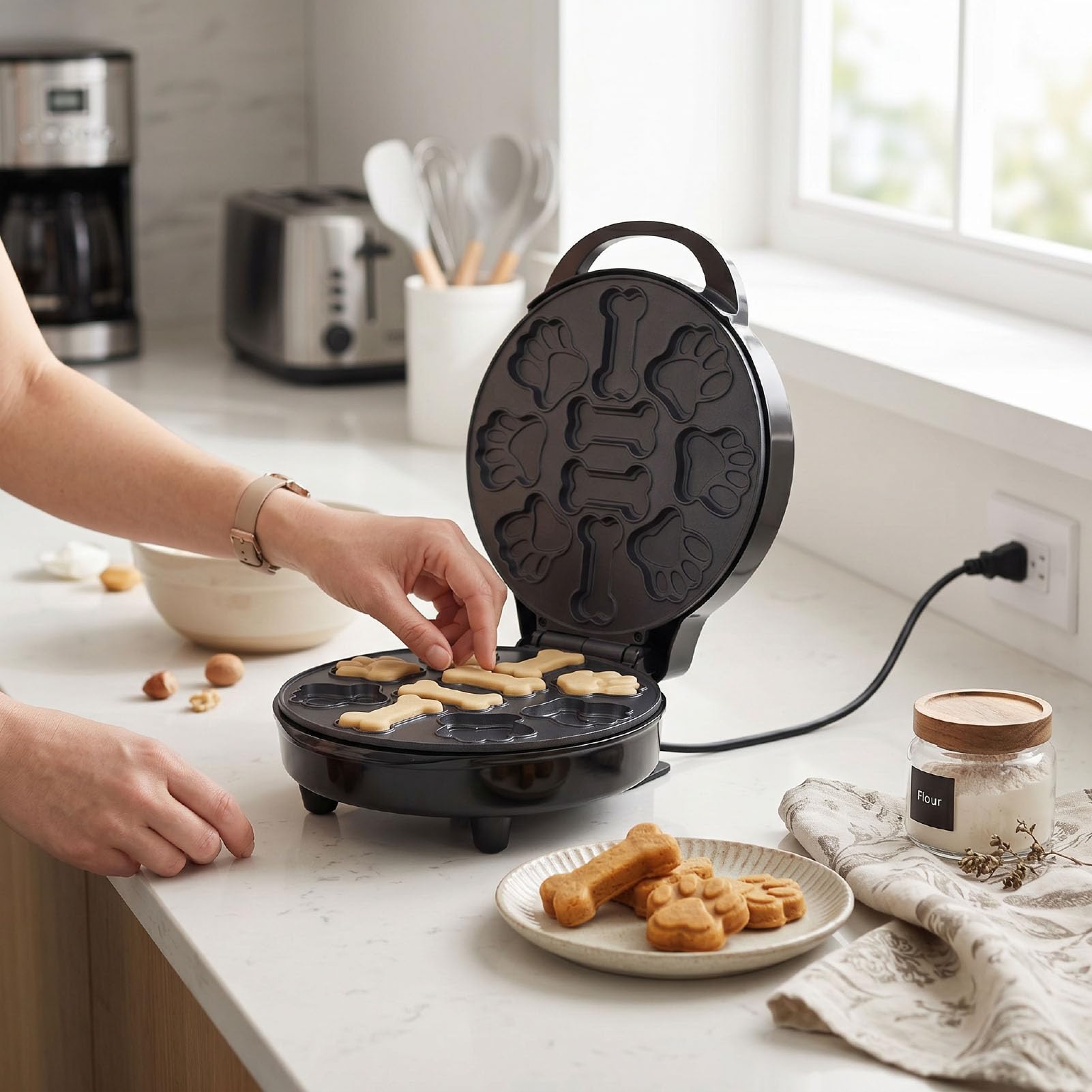 AMONIDA Macchina per Waffle Elettrica da 900W per Proprietari di Animali Che Preparano Premi Casalinghi Cani Cuoce 10 Spuntini con Forme Divertite Veloce Rivestimento Antiaderente (Spina europea 220