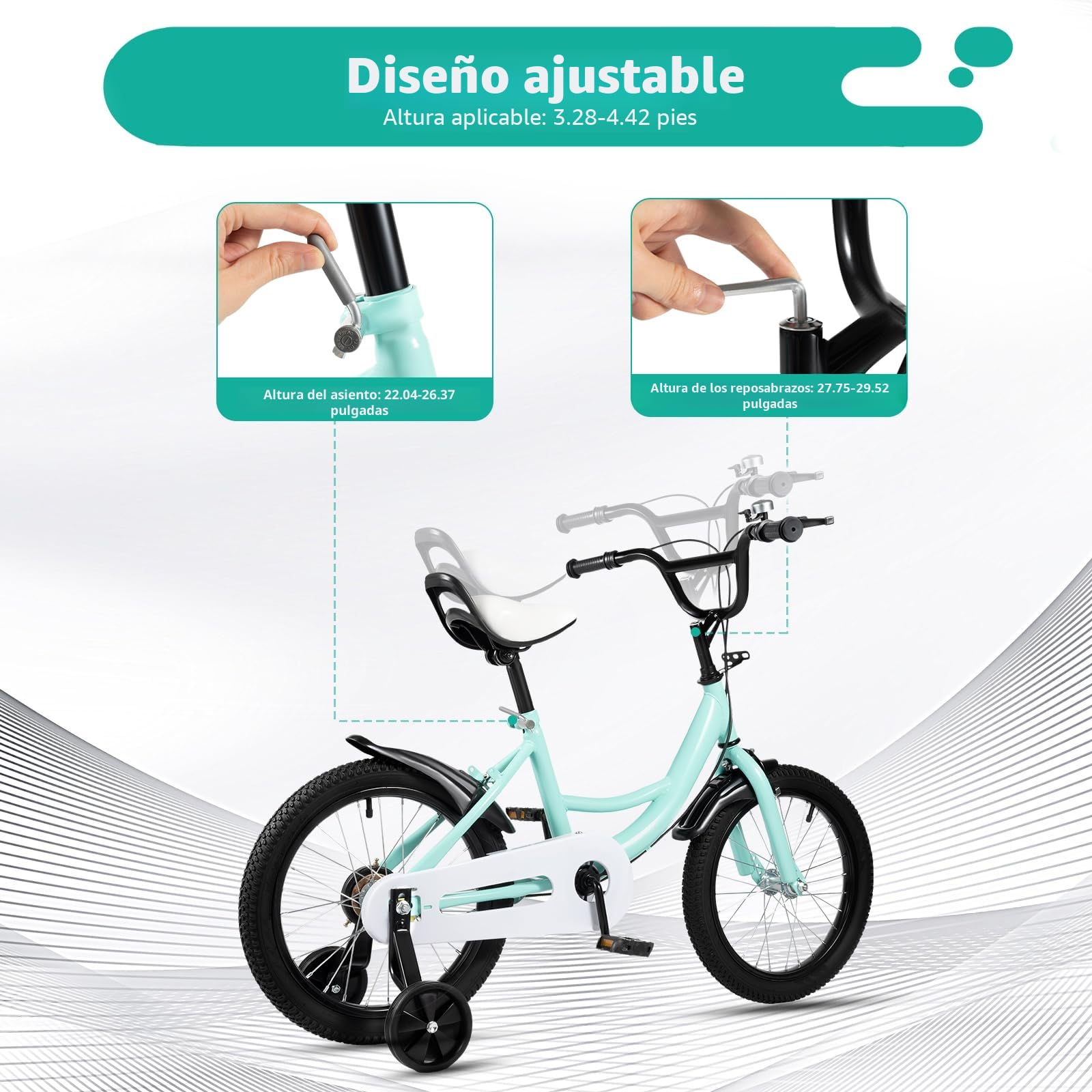 Bicicleta infantil de 16 pulgadas a partir de 4-8 años, para niños y niñas, con ruedas de apoyo, altura ajustable, color verde y negro