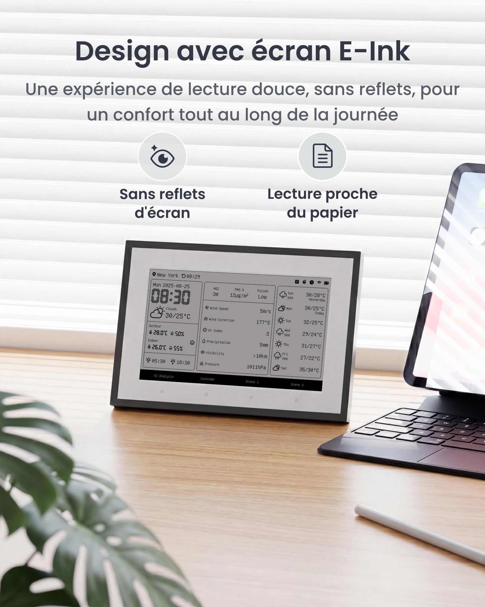 SwitchBot Tableau de bord domestique intelligent E-Ink, thermomètre hygromètre sans fil intérieur/extérieur avec calendrier, Wi-Fi 2,4GHz&BLE,compatible Google/iCloud/Outlook (2in1 Combo)