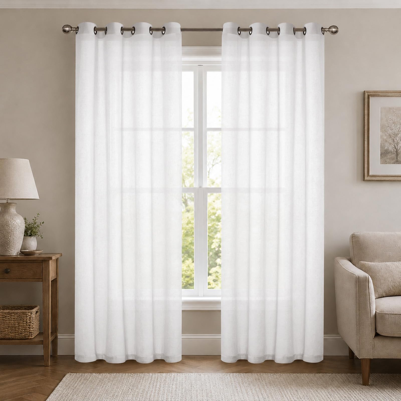 SSWH Linen Voile Net Curtains, Semi Sheer Curtains for Windows, Eyelet Voile Curtain Panels for Living Room Bedroom(Size:214x214cm/W 84" x L 84" (2 Panels),Color:White)
