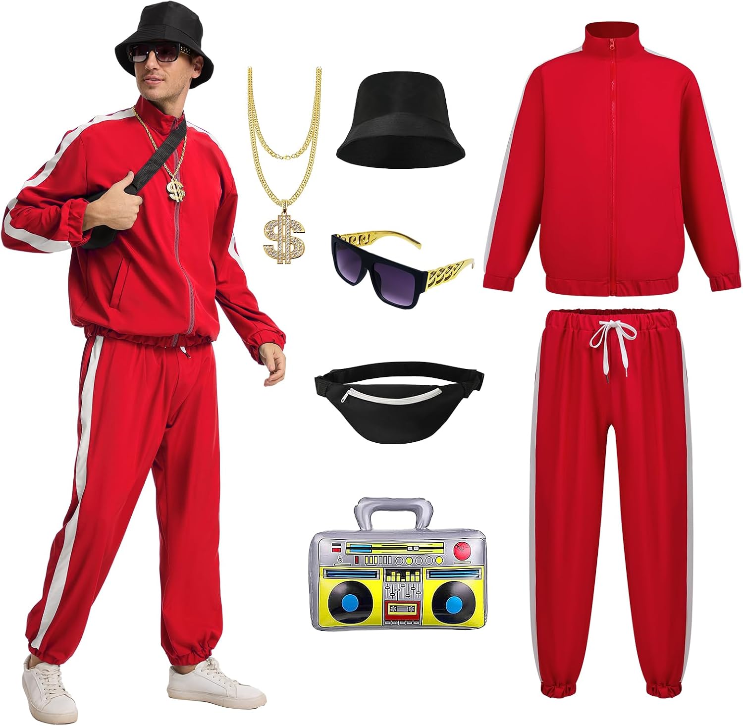 80s Outfit for Men 90s Track Suit with Hip Hop Costume Accessories