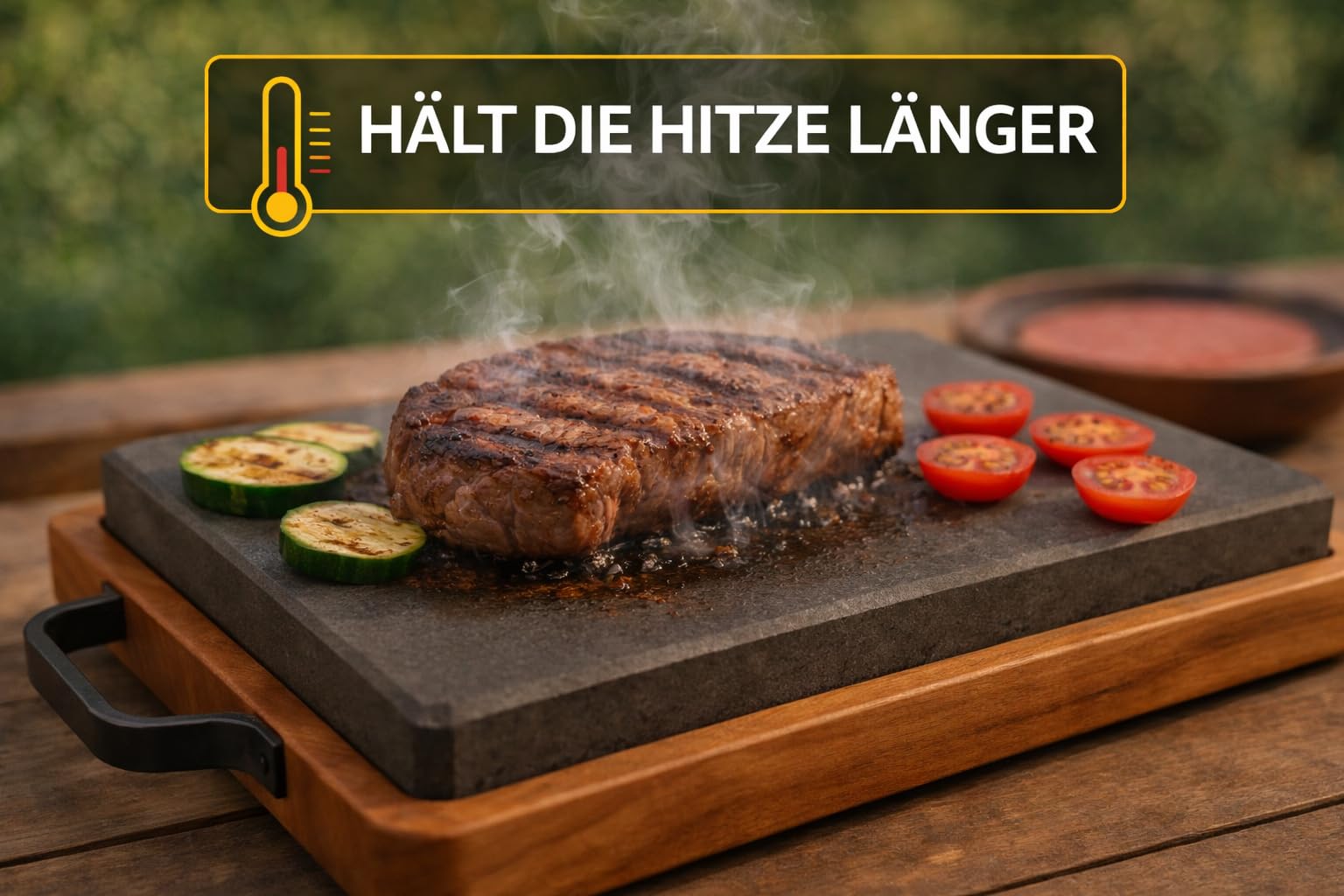 Placa de Cocina de Piedra de Lava Natural 27 x 18 cm con Bandeja de Madera – Piedra Caliente para Bistec, Carne y Asados – Servicio de Mesa con Asas – Negro y Marrón – Kalu Creations