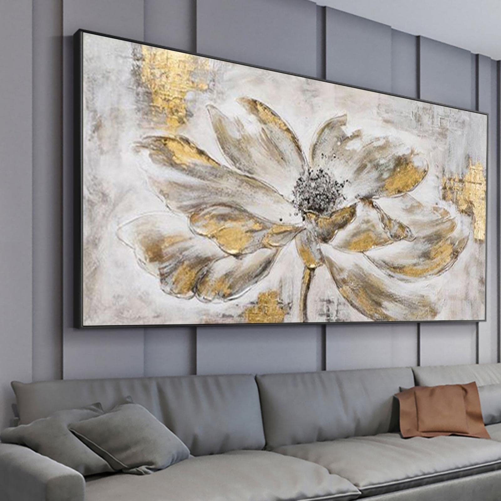 Große Blattgold-Blumen-gerahmte Wandkunst-Ölgemälde-abstrakte graue Blumenkunst-Malerei-Goldfolien-Wand-Kunst-moderne Hauptdekor-30x60cm(12x24in) mit Rahmen