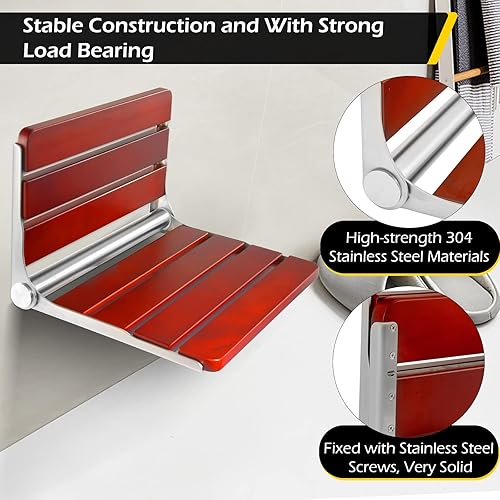 Miniatura 6 de Dyna-Living Asiento de ducha plegable de madera de teca montado en la pared, 2 piezas, 400 libras, asiento de ducha plegable