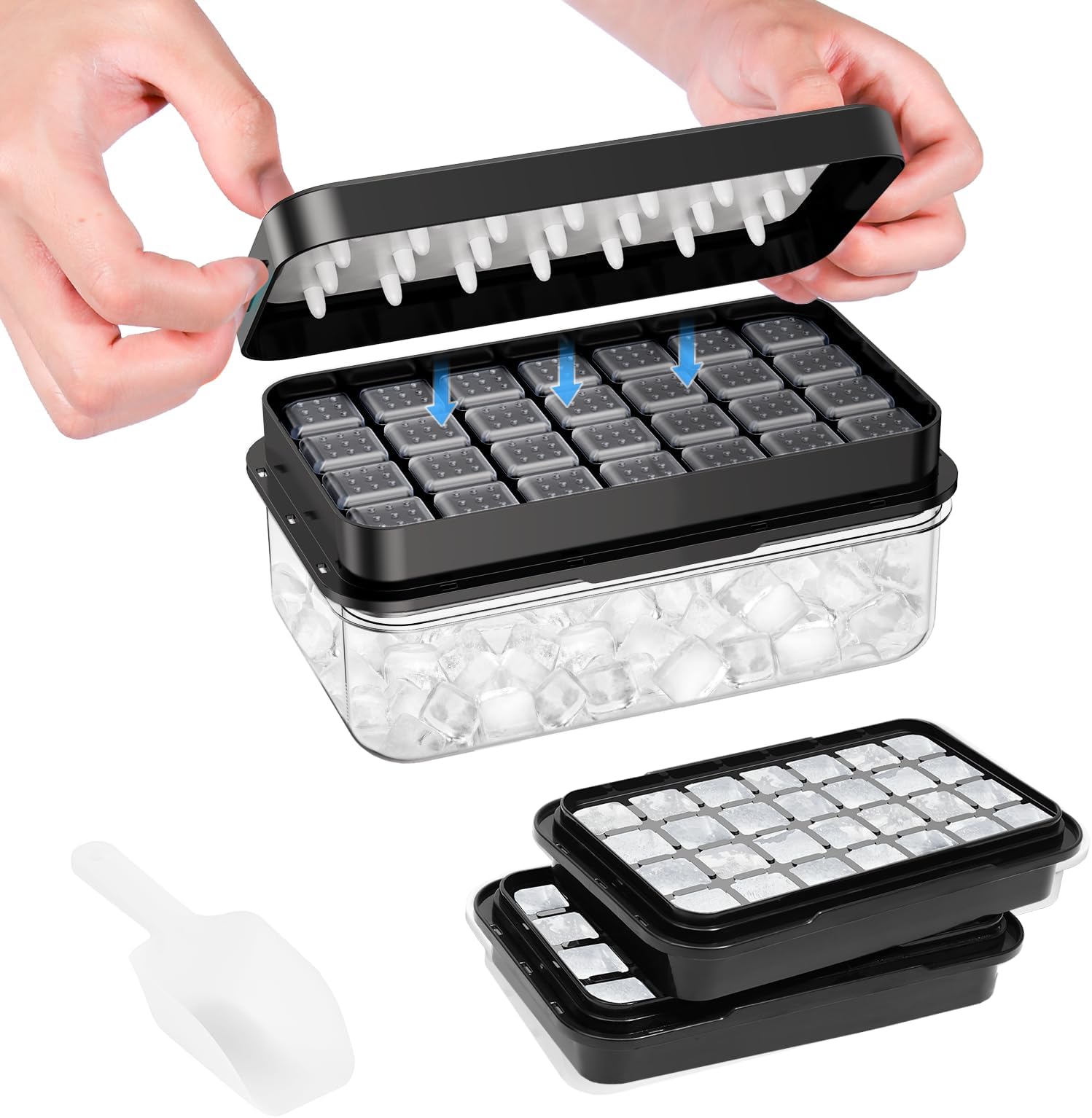0.8“ Ice Cube Tray with Lid and Bin, PHINOX 56 Cubes Ice Trays for Freezer, Ice Cube Trays for Freezer with 2 trays, Container, Lid & Ice Scoop, BPA Free, Black(28Cubes/Tier)