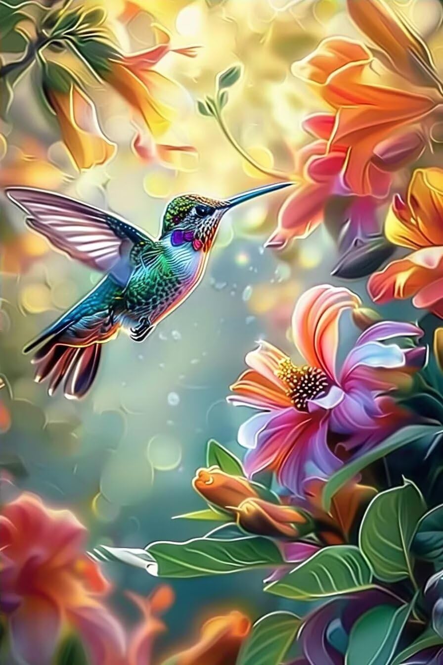 Art Hummingbird Collecting Honey Diamond Painting Kits,Diamond Painting for Beginners Round Gemstone Cross Stitch Crafts for Room Decor Bedroom Decor 20x20 Inch