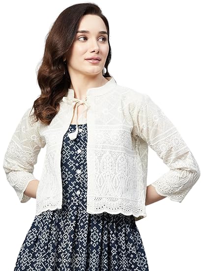 Womens Cream Colour Embroidery Ethnic Jacket