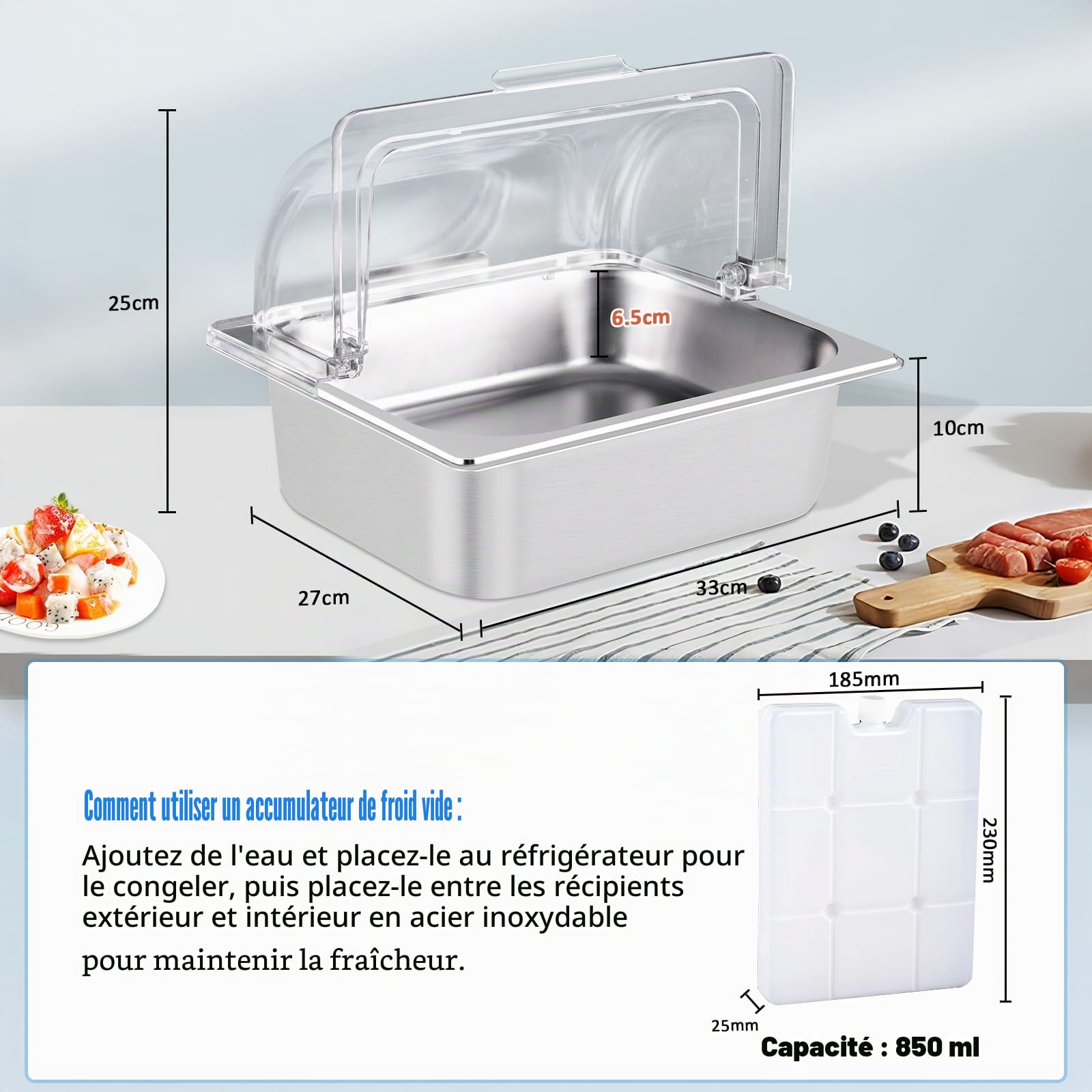 BAOSHISHAN Plateau de Service réfrigéré en Acier Inoxydable avec Couvercle de Conservation de la fraîcheur Plateau de Service réfrigéré pour Les fêtes, Les buffets, Les Snacks 33×27×25CM