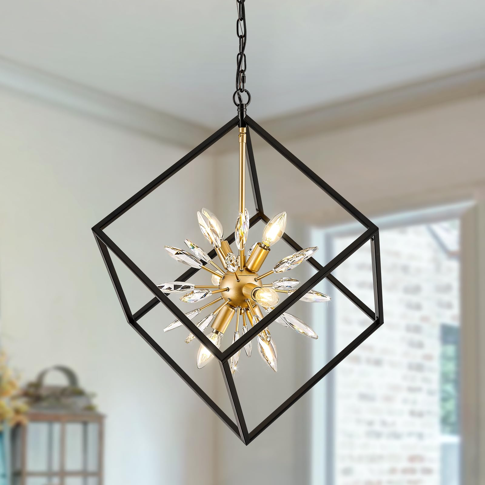 YUMPAUG Black and Gold Chandelier, 6-Light Modern Geometric Lantern Pendant Light Fixture, E12 Cube Hanging Lighting Fixtures for Kitchen Island, Dining Room, Entryway, Foyer, Stairs