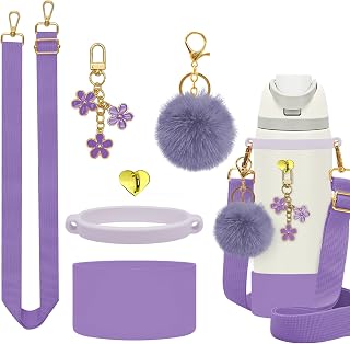 6Pcs Accessories for Owala Water Bottle 24oz 32oz,Adjustable Handle Strap,Plush Ball,Flower Charms,Rubber Ring,Heart-Shaped Hook,Charms,Siliocne Boot for FreeSip 24oz 32 oz