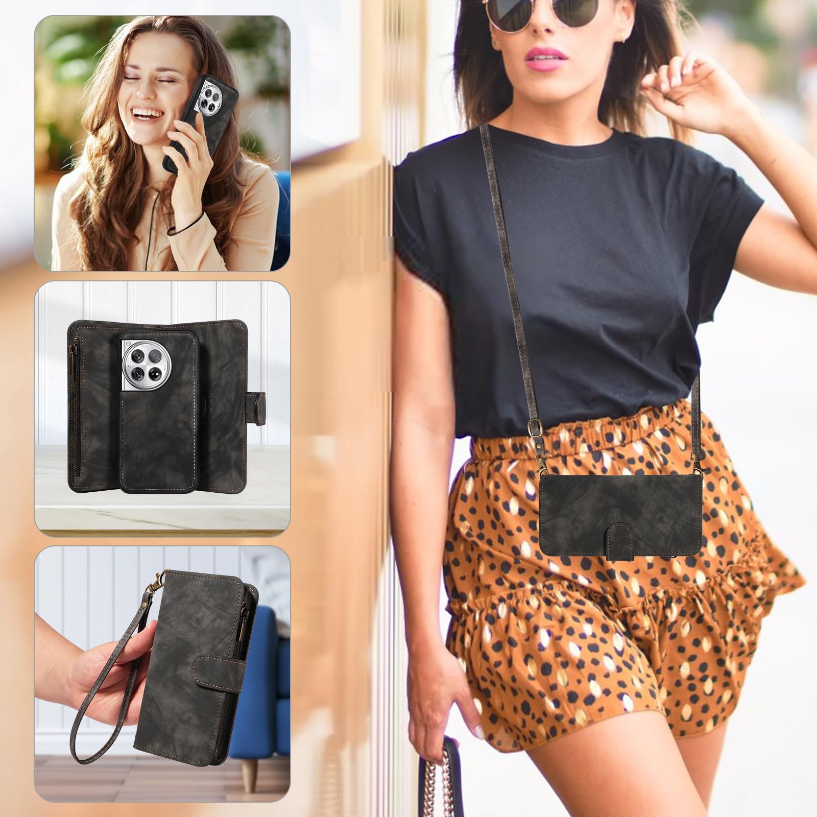 Asuwish Funda de teléfono para OnePlus 12 5G con cierre magnético, protector de pantalla de vidrio templado, correa cruzada, tarjetero de crédito, monedero One+ 1plus12 2024, para mujeres y niñas,