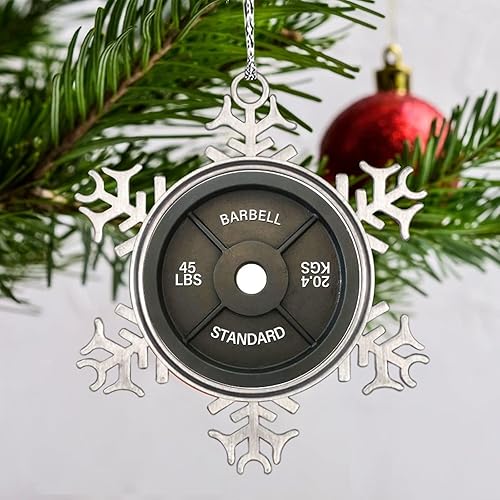 Vista 16 de Plato de pesas con barra para amantes del fitness, adornos de Navidad 2022, adornos de copo de nieve, decoraciones de Navidad para árbol, novedad