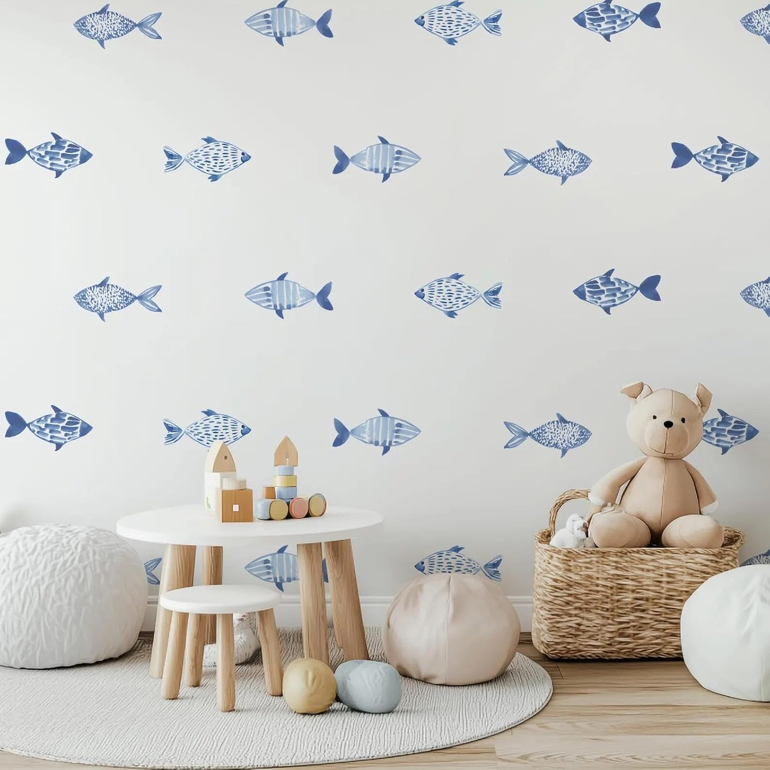 30pcs Hand Drawn Watercolor Fish Underwater World Wall Decals Waterproof Peel&Stick Wall Sticker, Ocean Blue Fishes for Boy's Kids Room Nursery Classroom Bathroom Decor