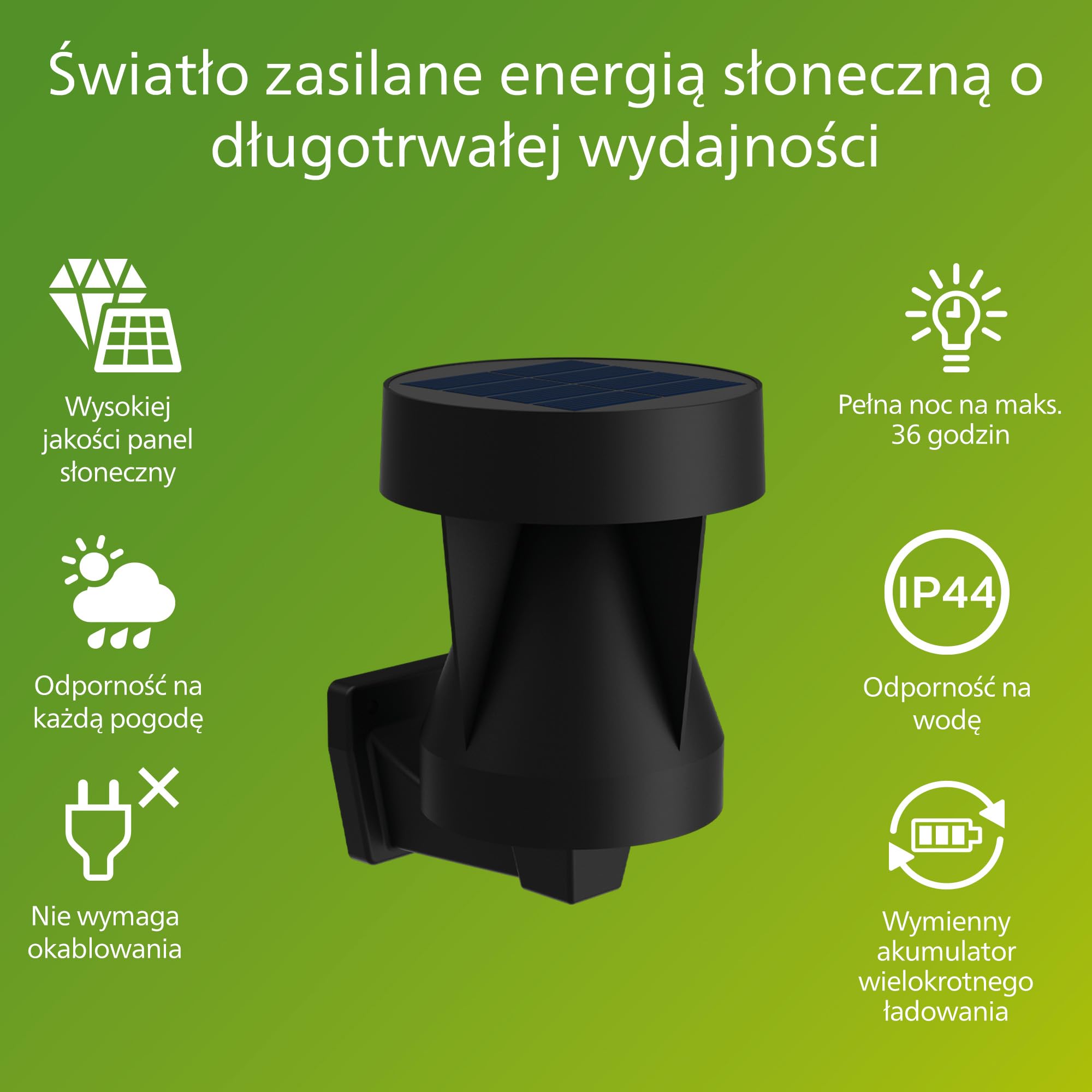 Philips Avery Zewnętrzna Lampa Solarna Ścienna, 2700 K, 200 lm, Czarna