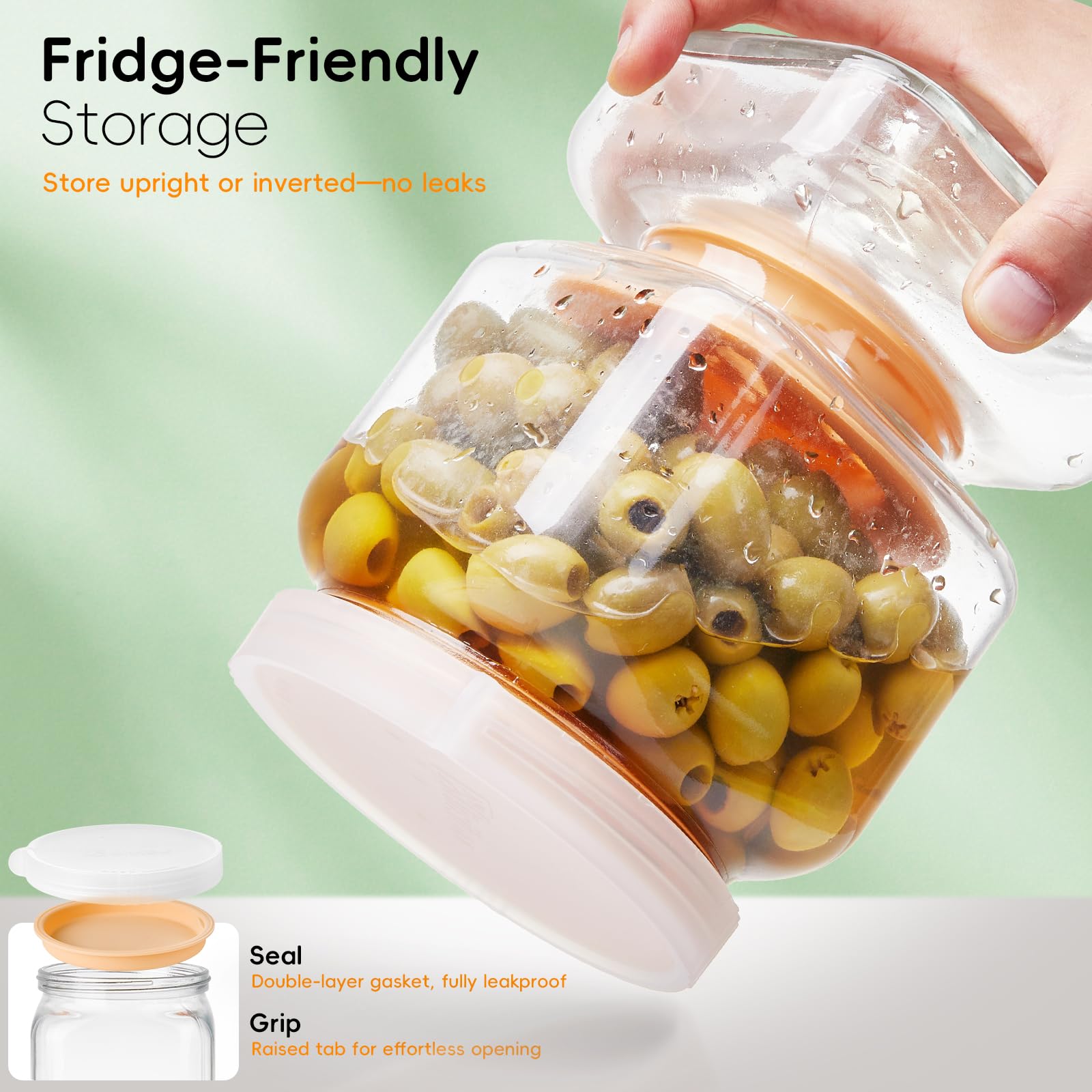 Tarro de cristal para pepinillos con colador abatible, tarro abatible de 46 onzas líquidas, recipiente de pepinillos con colador para aceitunas, encurtidos, pepinillos, jalapeños y otros alimentos en