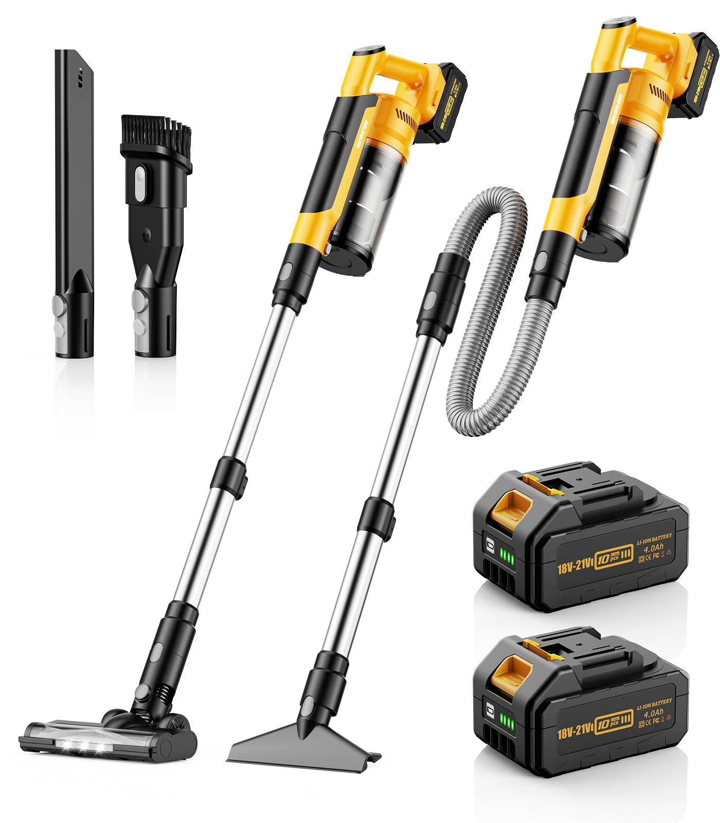 qimedo Aspiradora inalámbrica 8000mAh, 2 baterías extraíbles, succión 700W, Tubo 90 Pulgadas, depósito 2L, 7 en 1 Aspirador de Mano, aspiradora con batería para Madera, alfombras y Pelo de Mascotas