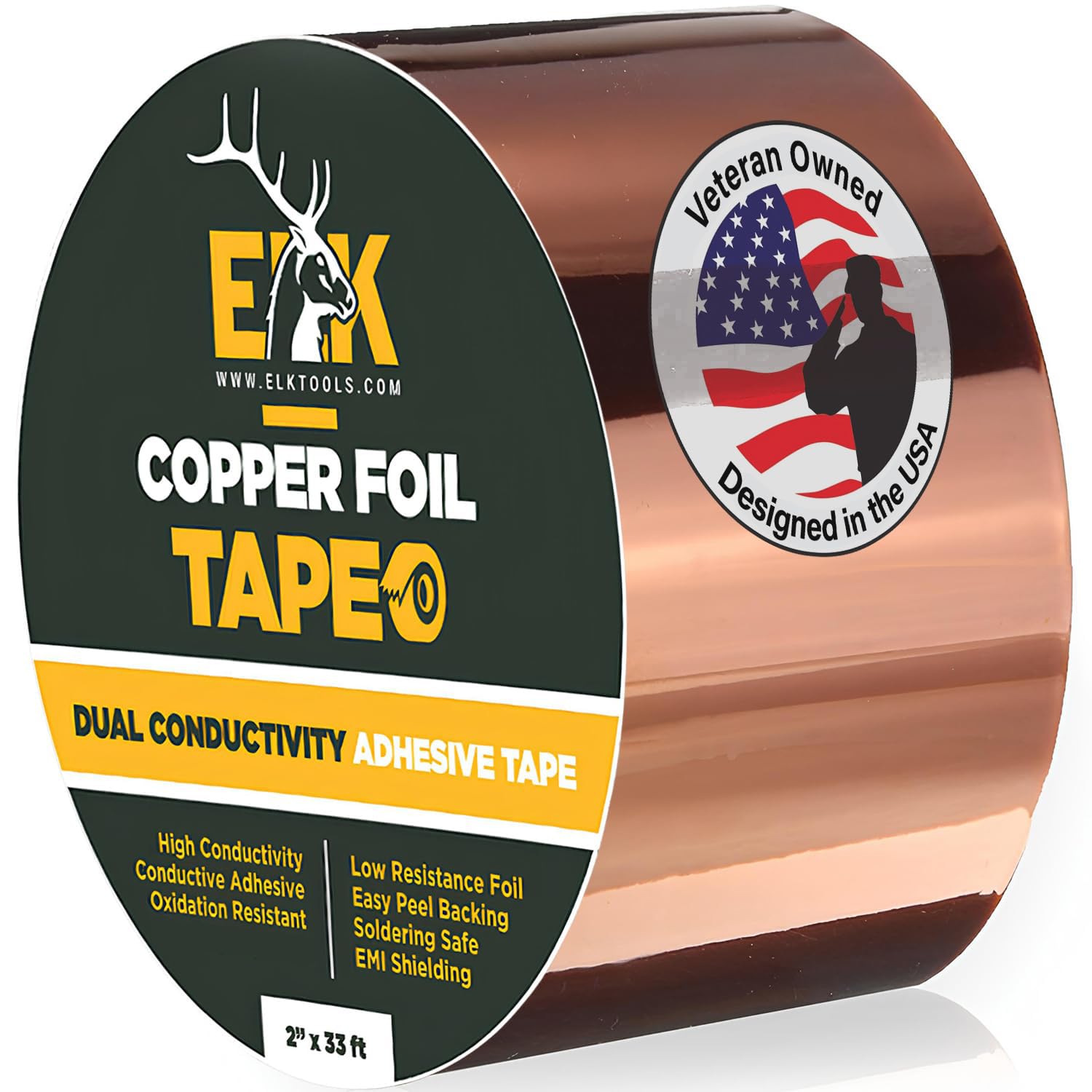 ELK Copper Foil Tape - 2” x 33ft - with Conductive Adhesive for Guitar, Crafts, Electrical Repairs and Grounding - Conductive Copper Tape