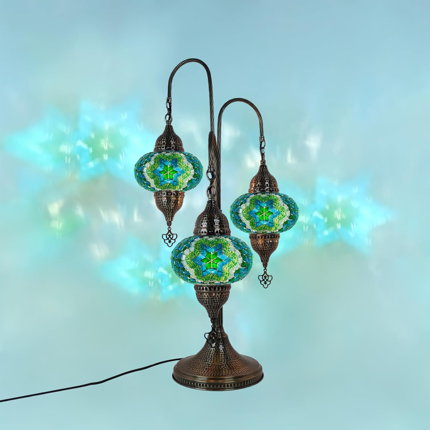 Turkish Mosaic Bedside Lamp 3-Globe Tree Design | Exquisite Moroccan & Turkish Lamps | Vintage Desk & Unique Table Lamp Assortment for Home Décor (Green Turquoise)
