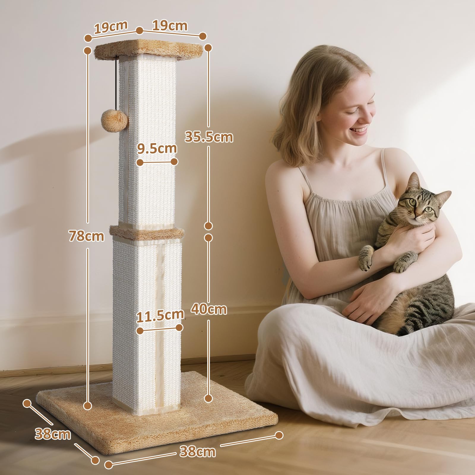 Zvonema Krabpaal, 85 cm krabzuil, krabpaal voor katten van natuurlijk sisal, grote kattenkrabpaal met zachte bodem en balspeelgoed, voor huiskatten en kittens, stuur kattenveren stick