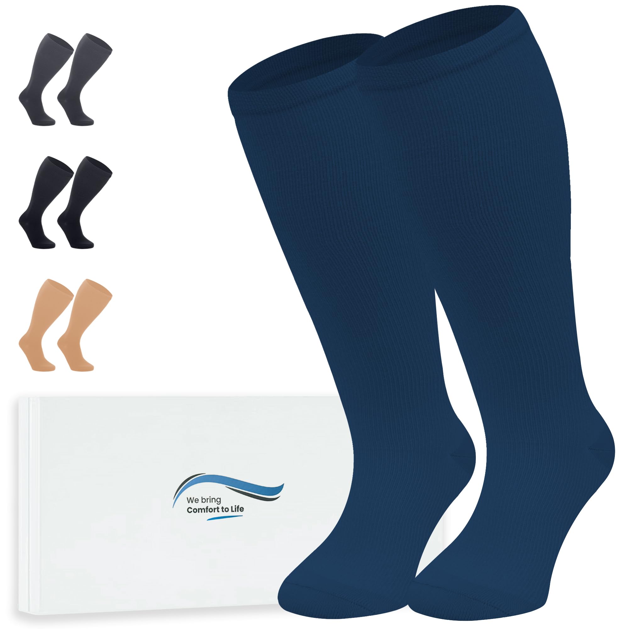 360 Relief Calze Compressione Graduata Donna e Uomo - Taglie forti 1 Coppia Solido Colore Gambaletti Compressione per Sports, Running, Viaggio, Ciclismo, Lavoro - 3XL Blu con Borsa Lavanderia