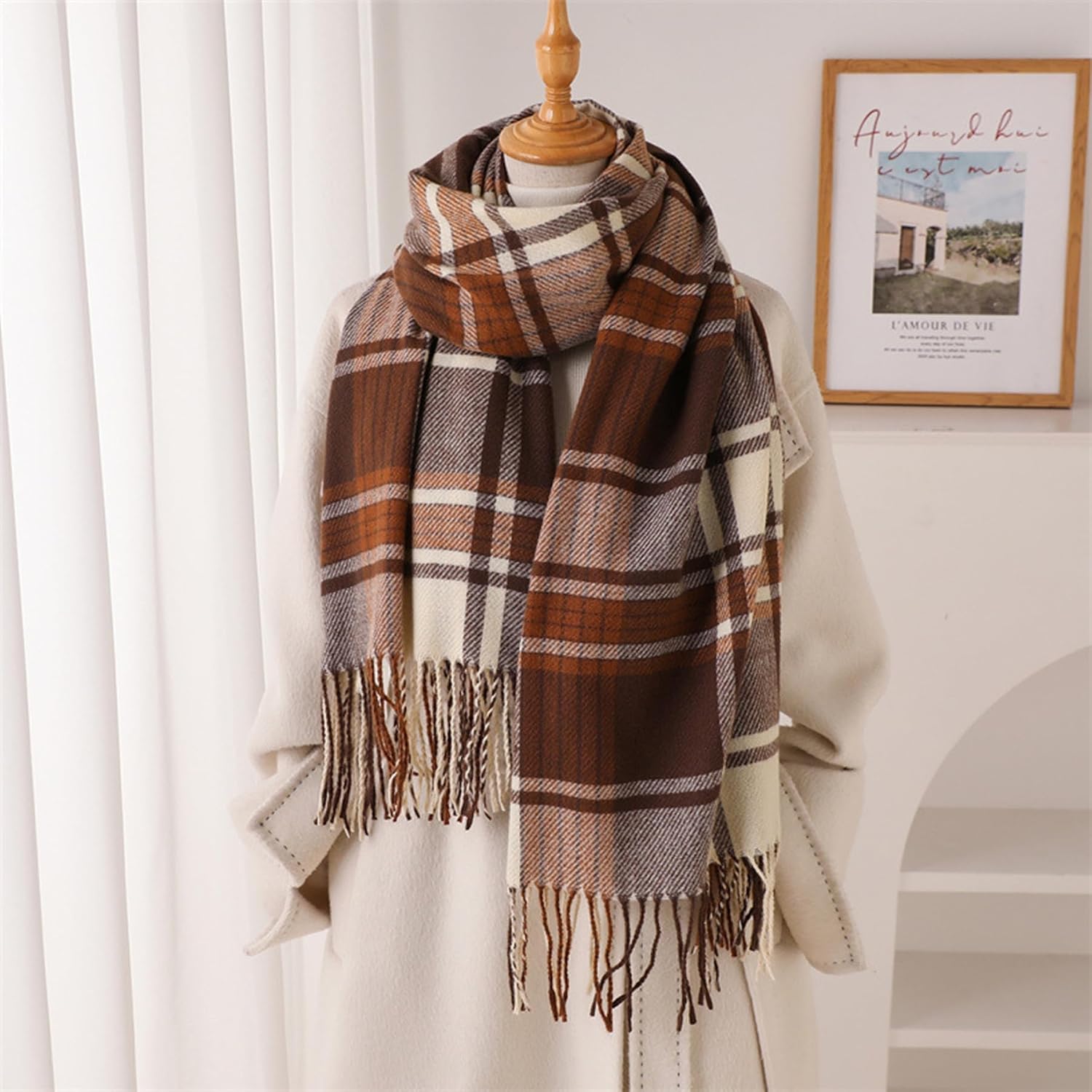 HAOYUAN Tassel Plaid Winter Scarf for Women Shawls Faux Cashmere Soft Large Oversized Scarves Wraps