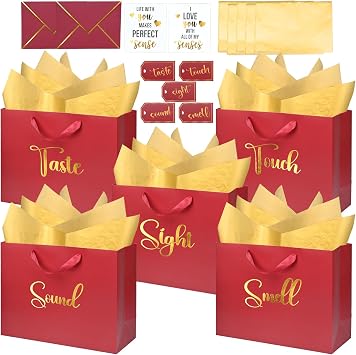 Nimbbex 13 Large 5 Senses Gift Bags for Him Her with Labels Envelopes and Cards, Gold Foil Five Senses Gift Bags with Tissue Handle for Birthday, Anniversary, Mothers Day, Valentines Day Red