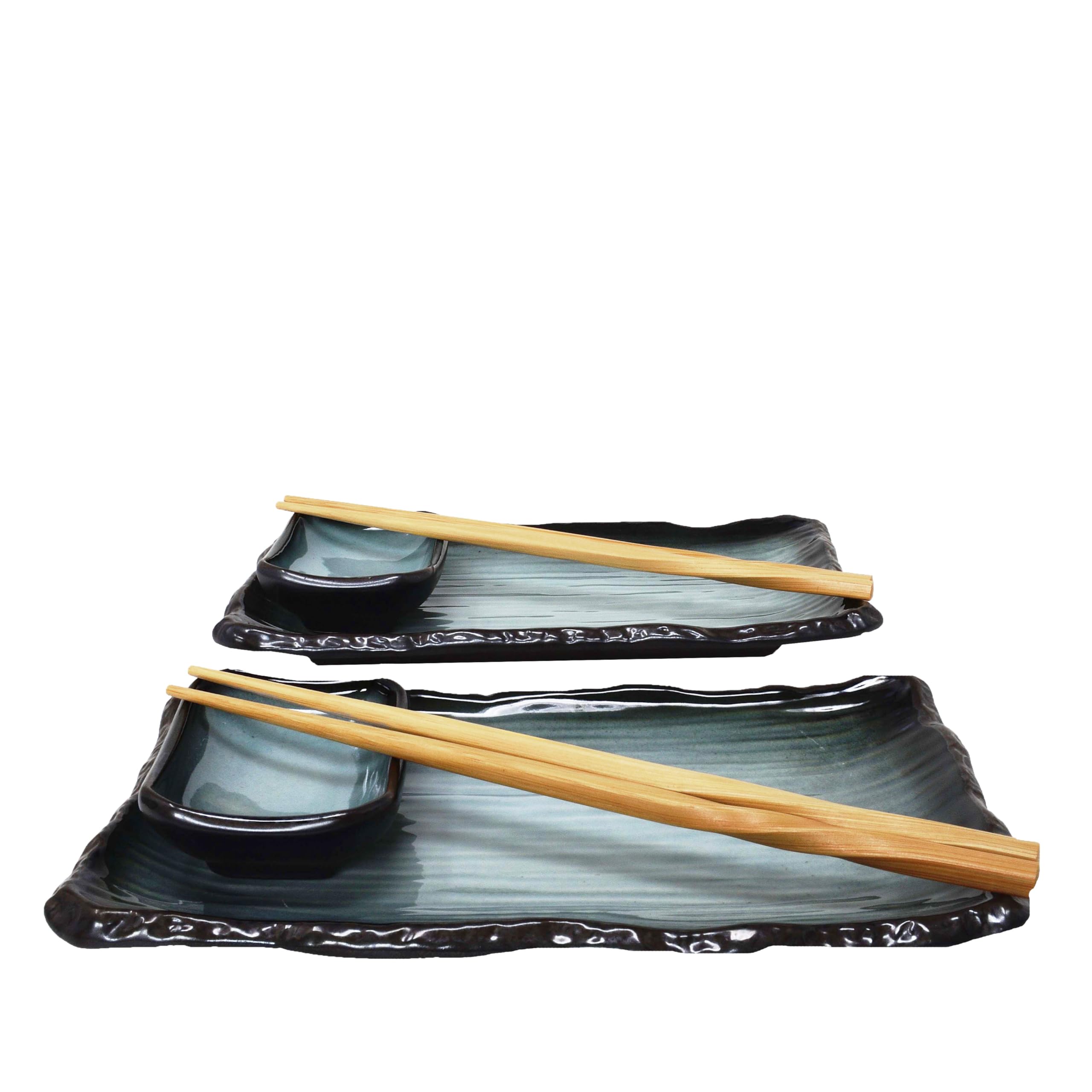 Set de service à sushi bleu et noir, assiettes rectangulaires et bols à sauce MystiCalls AMJ-001