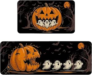 Lookio Chubba Halloween Kitchen Mat Set of 2, Non-Slip Washable Pumpkin Ghost Rugs