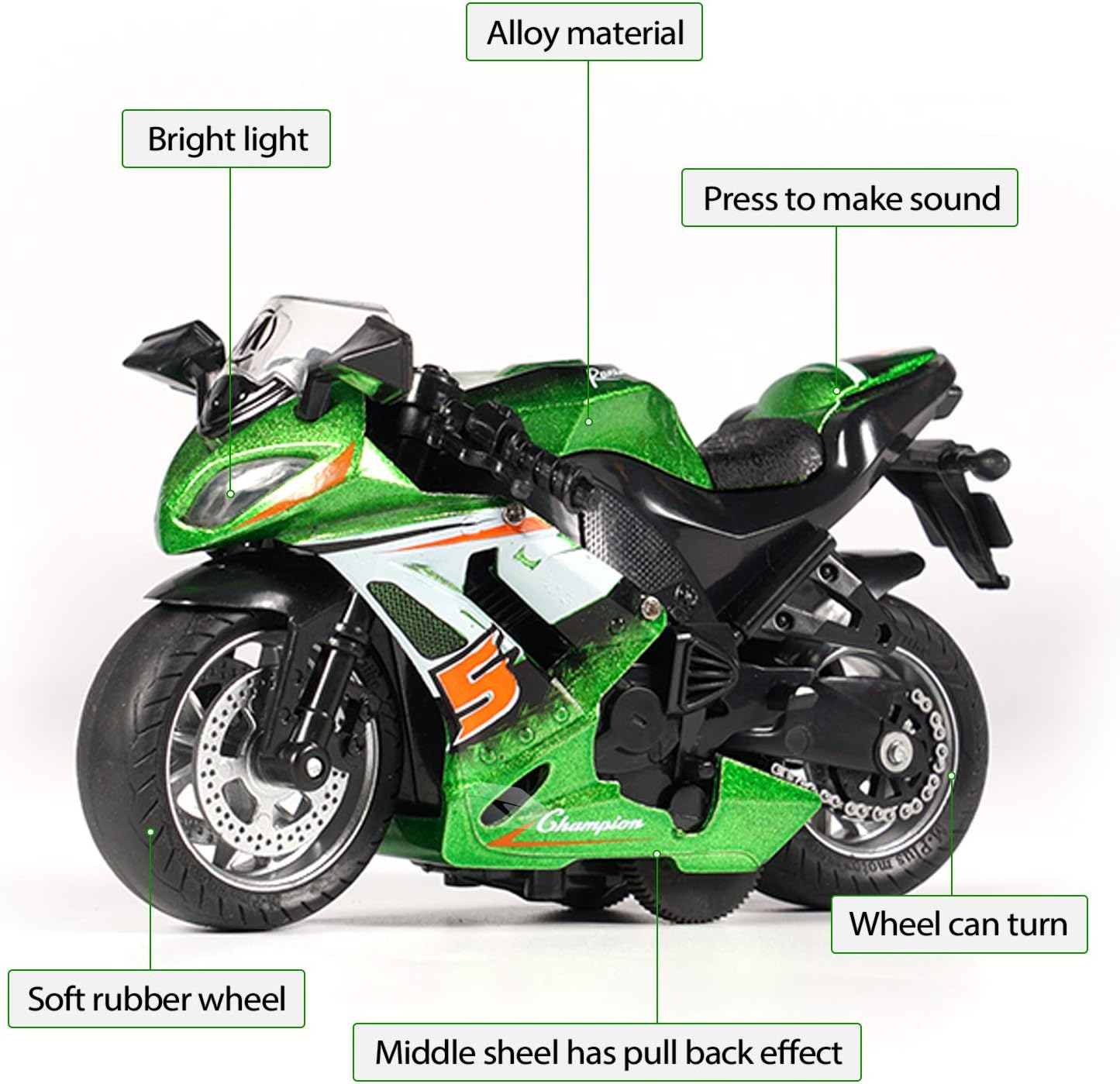 Toy Motorcycle - Pull Back Toy Car with Sound and Light Toy,Toy Motorcycles for Boys,Toys for 3-9 Year Old Boys (Green)