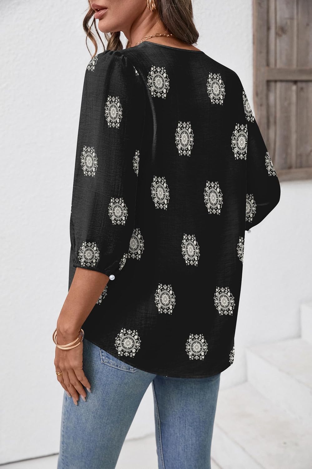 Rapbin Womens Boho Blouses 3/4 Sleeve Tops V Neck Puff-Sleeve Babydoll Pleated Linen Shirts with Button Cuffs - Image 3