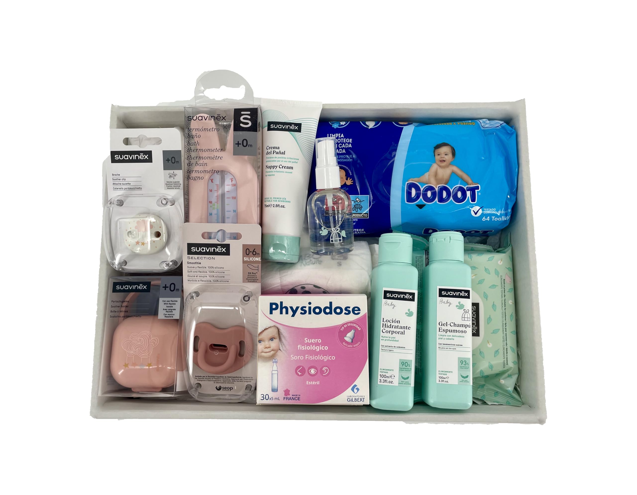 Panier bébé rose | Comprend gel, shampoing, eau de Cologne | Tétine Suavinex, thermomètre, biberon, porte-tétine, broche | 4 couches Taille 2