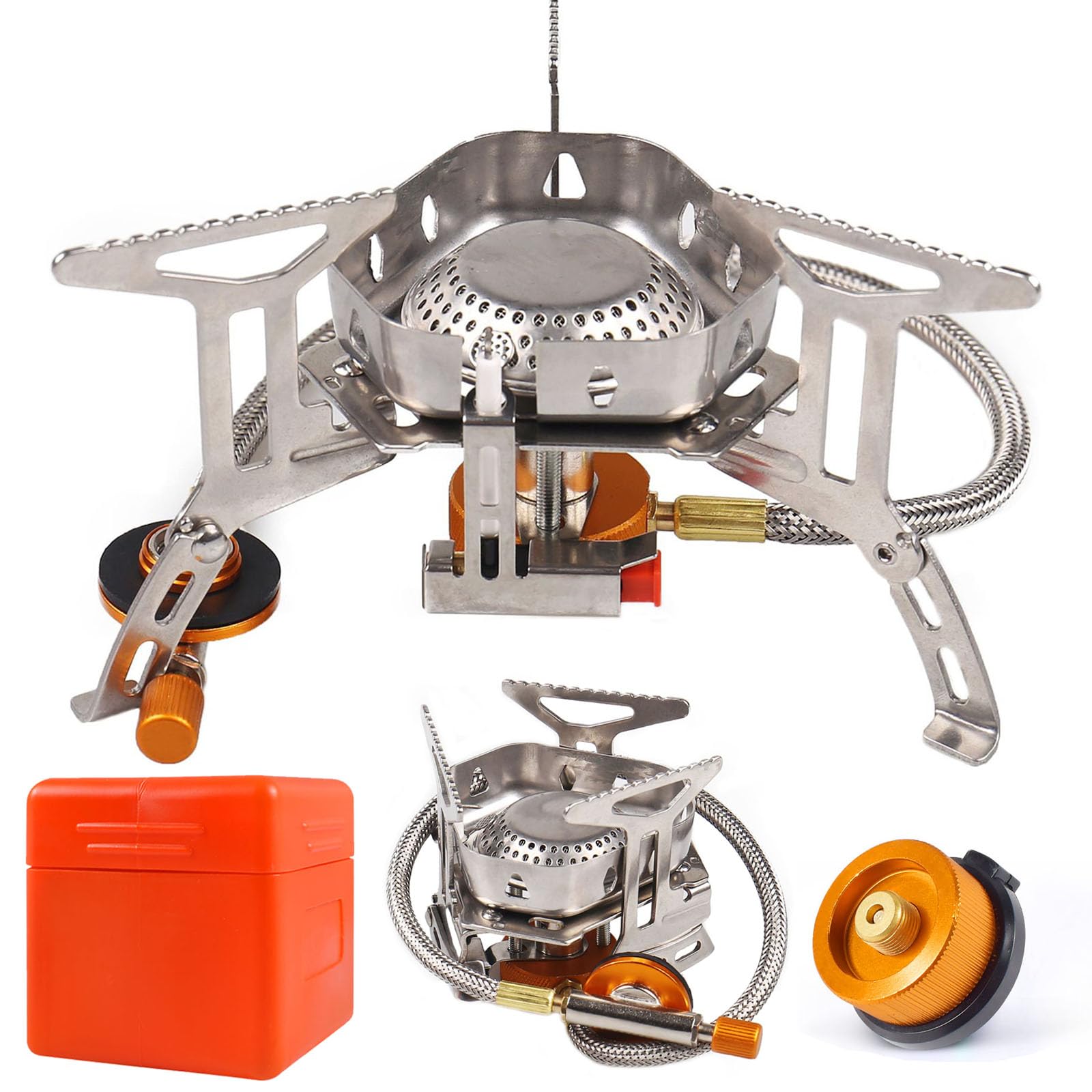 AUEJACKY Portable Gas Stove, 3500W Windproof with Piezo Ignition, Stainless Steel & Copper, Ideal for Camping, Hiking & Outdoor Trips