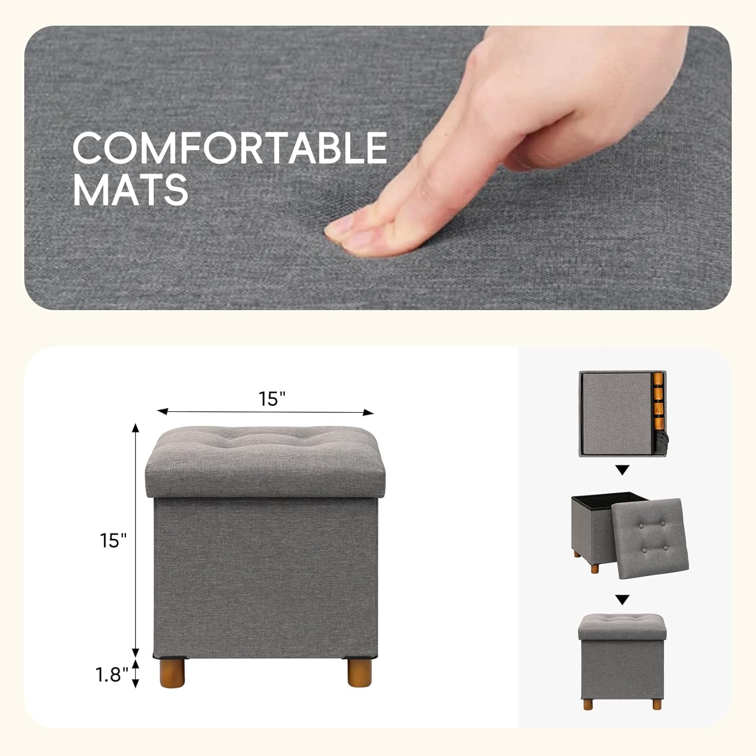 PINPLUS Storage Ottoman Cube, White Linen Footrest with Wooden Legs, Foldable Fabric Footrest, Comfortable Seat with Lid, Ottoman with Storage for Living Room, 15" x 15" x 15"，Grey