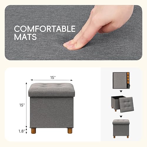 Miniatura 29 de PINPLUS Cubo otomano de almacenamiento, reposapiés de lino con patas de madera, reposapiés de tela plegable, asiento cómodo con tapa, otomana con