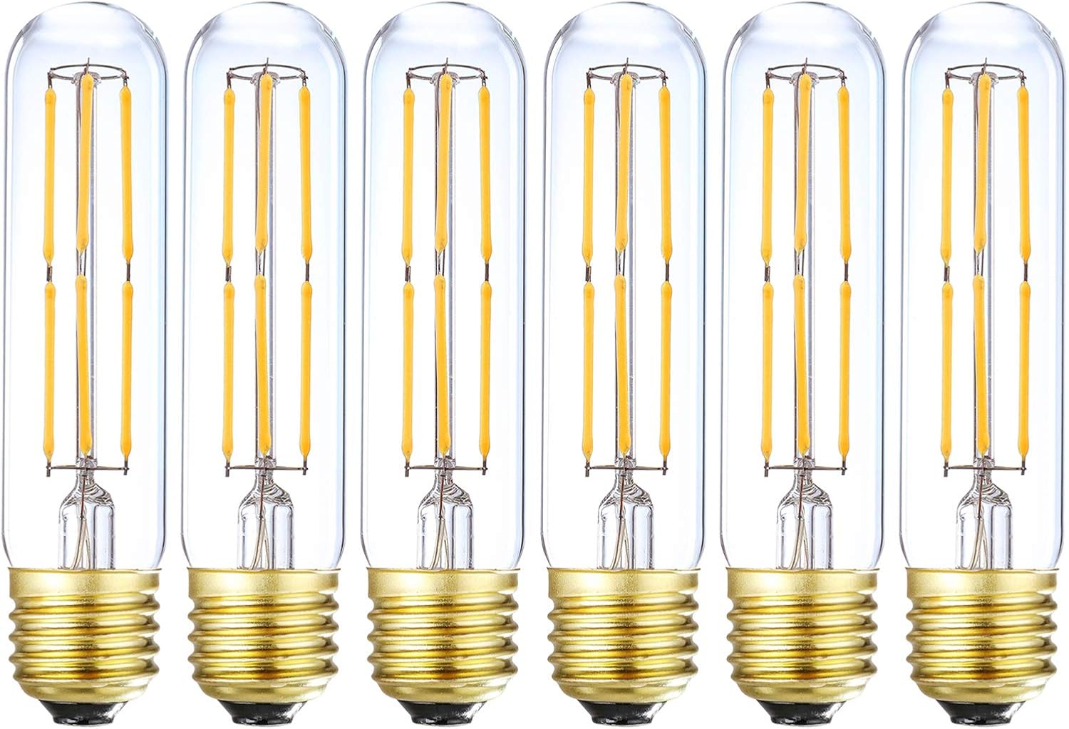 Dimmable T10 Edison Led Tubular Bulb 3000K Soft White E26 Vintage Led Filament Tube Bulb 60 Watt Equivalent 600lm E26 Base Lamp Bulb 6W for Display Cabinet Showcase Piano. (6-Pack.)