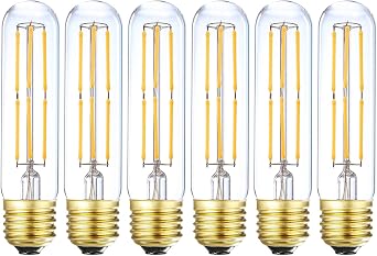 Dimmable T10 Edison Led Tubular Bulb 3000K Soft White E26 Vintage Led | Filament Tube Bulb 60 Watt Equivalent 600lm E26 Base Lamp Bulb 6W for Display Cabinet Showcase Piano. 6-Pack.