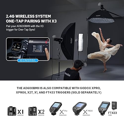 Vista 15 de GODOX AD400 Pro AD400Pro - Luz estroboscópica para exteriores, 400 W TTL portátil Flash Monolight, 390 estallidos de potencia completa, 0.01-1s