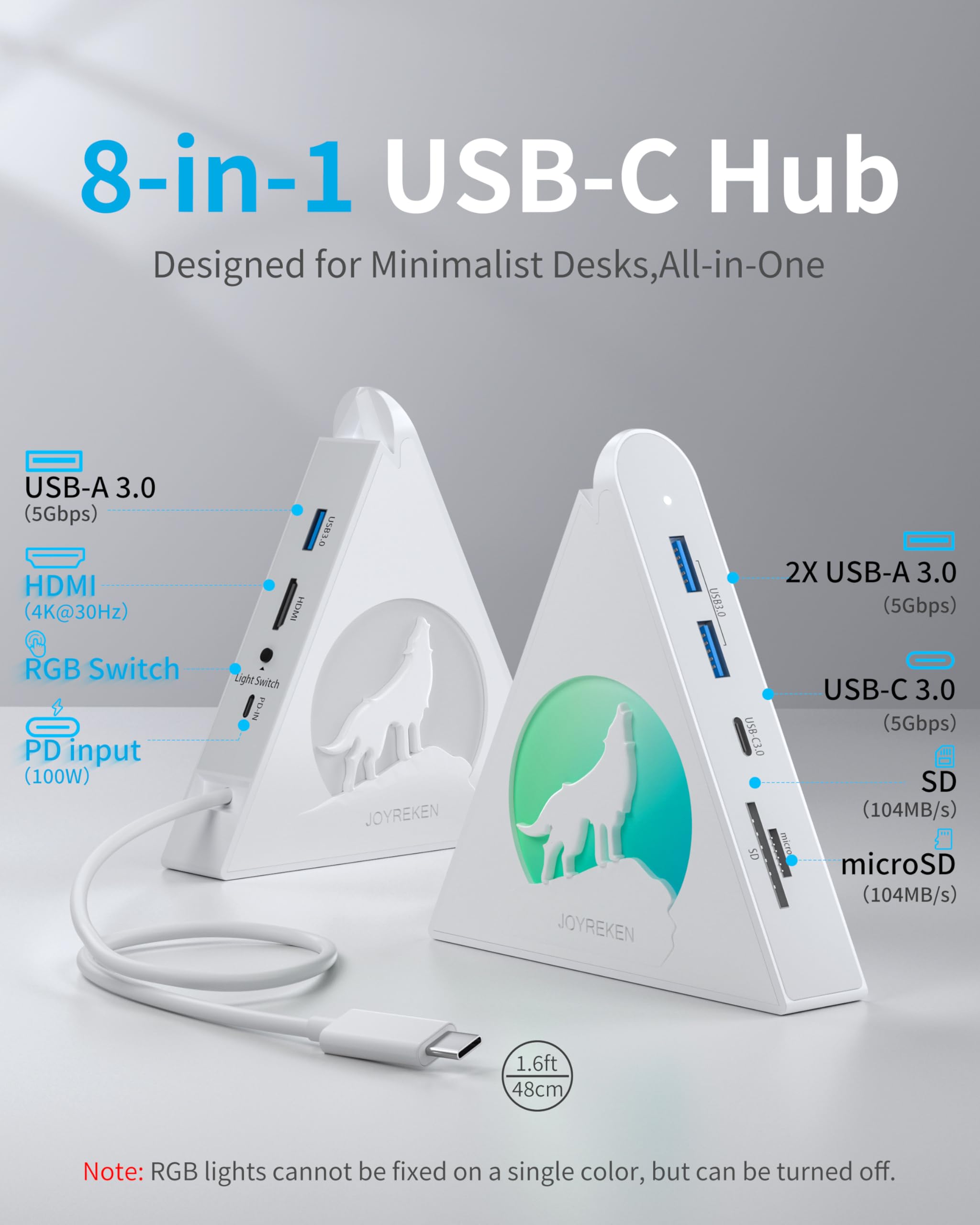 Hub USB C blanc, hub 8 en 1 de type C avec HDMI 4K, alimentation 100 W, USB-C 5 Gbit/s, 3 x USB-A 3.0, lecteur de carte SD/TF, éclairage RVB, station d'accueil blanche pour MacBook Air/Pro, iPad