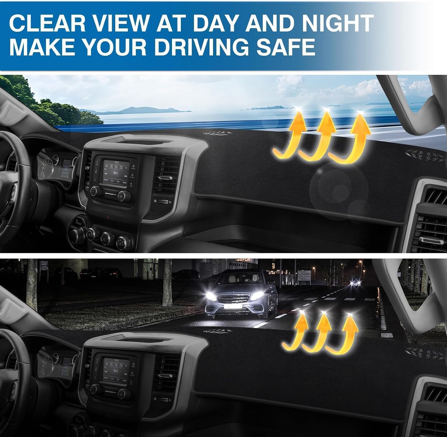 KUST Black Dash Cover for Dodge RAM 1500 2500 3500 2019-2024 2025 2026 Non-Slip Interior for Dodge RAM Accessories Dashboard Cover Custom Fit Dash Mat Sunshade Windshield Glare