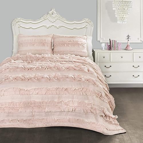 Vista 29 de Lush Decor Belle - Juego de cama de 4 piezas con falda de cama y 2 fundas de almohada, juego de edredón King, color blanco Blush,Blanco,Marfil,Gris