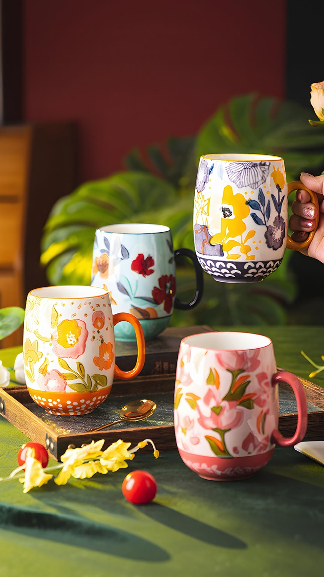 Taza grande de cerámica pintada a mano 24oz floral miniatura 7