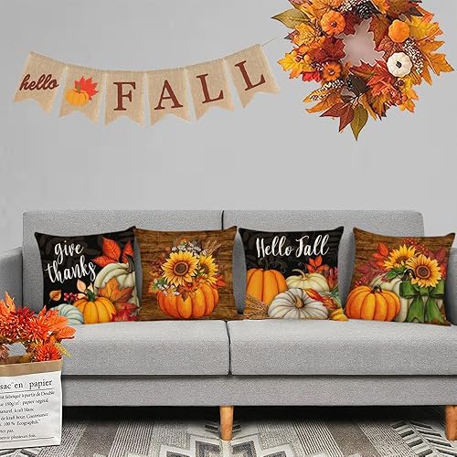 Miniatura 7 de Juego de 4 fundas de almohada de otoño de 24 x 24 pulgadas, fundas de almohada de calabazas de Acción de Gracias, fundas de cojín decorativas de