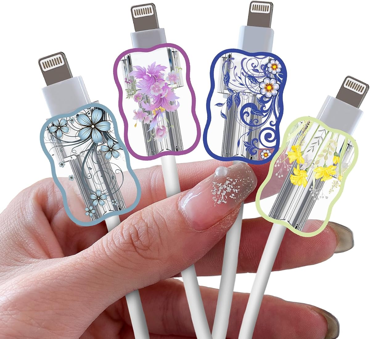 Cute Cable Protector for iPhone Type-c Charger, Floral Flowers Filaments Wave Edge Pattern 4 PCS Set Cable Phone Protector for Women Girls,Charging Cord Protector,Cable Chomper,Data Cable Case