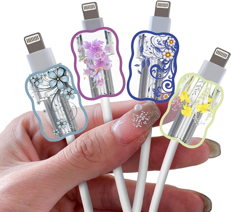 Cute Cable Protector for iPhone Type-c Charger, Floral Flowers Filaments Wave Edge Pattern 4 PCS Set Cable Phone Protector for Women Girls,Charging Cord Protector,Cable Chomper,Data Cable Case