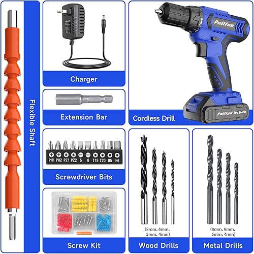 Miniatura 7 de PULITUO Taladro eléctrico de 20 V con batería y cargador, par de 30 N.m, 21+1 velocidades, 59 piezas de brocas y juego de tornillos (azul)