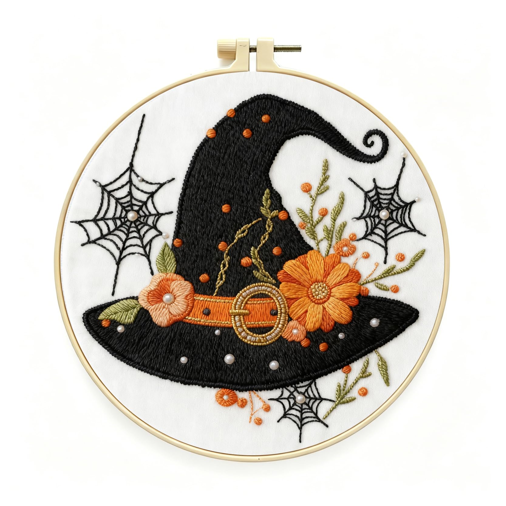 Zhenqing Halloween Witch Hat Embroidery Kit for Beginners, Black Witch Hat Needlework Kit with Pre-Printed Cotton Fabric, Hoop, Threads &amp; Tools, Spooky Fall Decor (C0119)