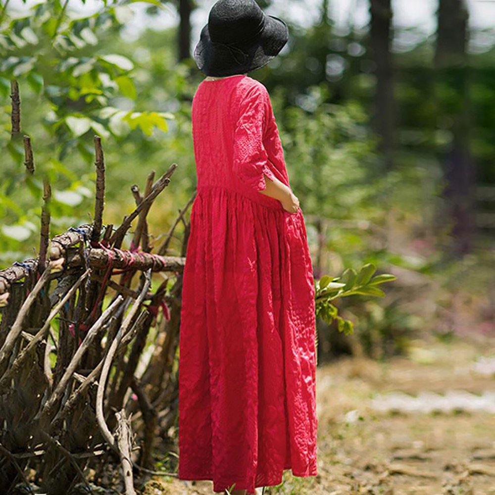 Buykud Folded Women Loose Casual Cotton Splicing Summer Red Dress