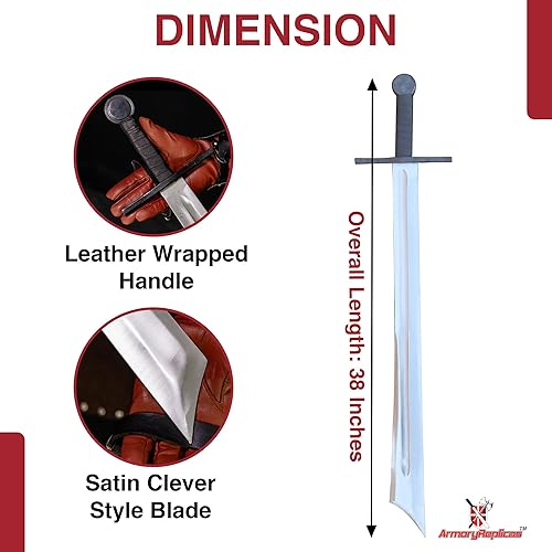 Miniatura 2 de Armory Replicas Battle Ready - Espadas medievales - Cuchillas de acero de alto carbono con fundas de cuero, espiga completa